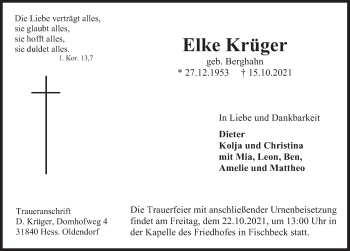 Traueranzeige von Elke Krüger von Deister- und Weserzeitung