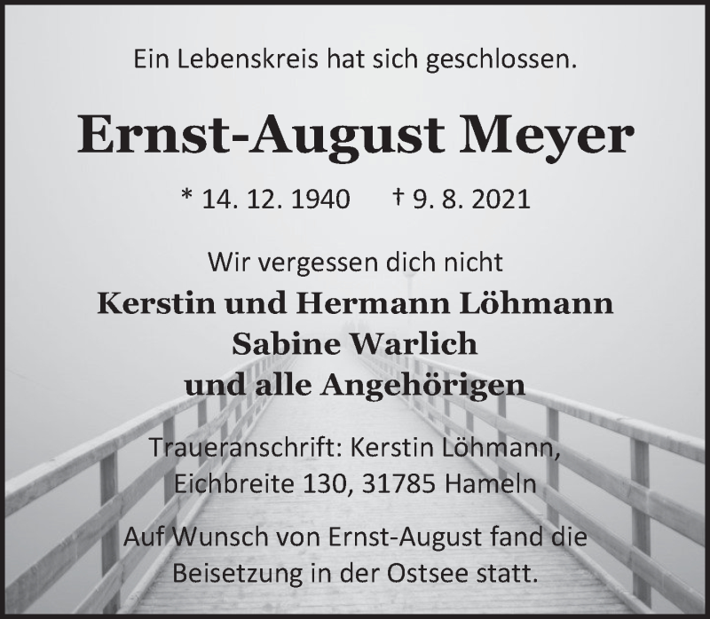  Traueranzeige für Ernst-August Meyer vom 16.10.2021 aus Deister- und Weserzeitung