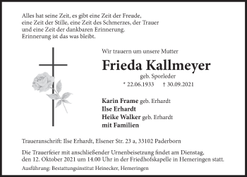 Traueranzeige von Frieda Kallmeyer von Deister- und Weserzeitung