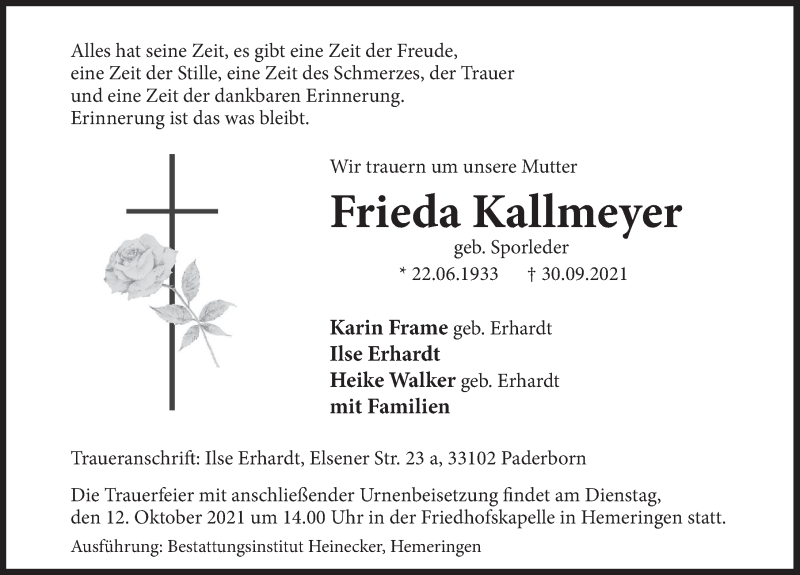  Traueranzeige für Frieda Kallmeyer vom 09.10.2021 aus Deister- und Weserzeitung
