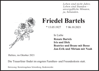 Traueranzeige von Friedel Bartels von Deister- und Weserzeitung