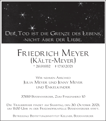 Traueranzeige von Friedrich Meyer von Deister- und Weserzeitung
