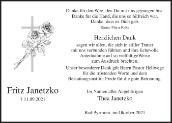 Traueranzeige von Fritz Janetzko von Deister- und Weserzeitung