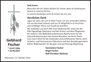 Traueranzeige von Gebhard Fischer von Deister- und Weserzeitung