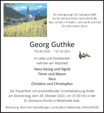 Traueranzeige von Georg Guthke von Neue Deister-Zeitung