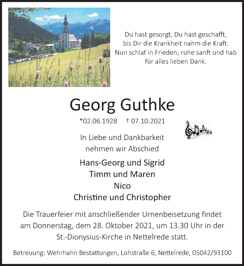 Traueranzeige für Georg Guthke vom 23.10.2021 aus Neue Deister-Zeitung