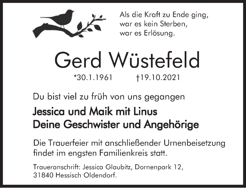 Traueranzeige für Gerd Wüstefeld vom 23.10.2021 aus Deister- und Weserzeitung