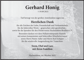 Traueranzeige von Gerhard Honig von Deister- und Weserzeitung