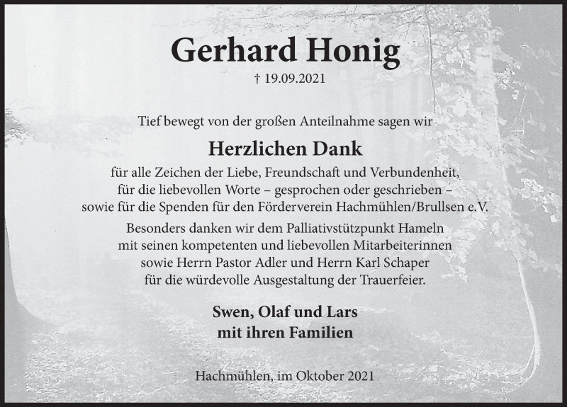  Traueranzeige für Gerhard Honig vom 23.10.2021 aus Neue Deister-Zeitung