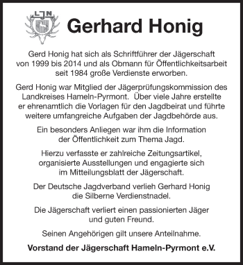 Traueranzeige von Gerhard Honig von Deister- und Weserzeitung