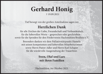 Traueranzeige von Gerhard Honig von Neue Deister-Zeitung