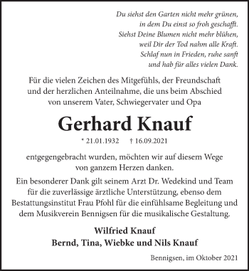 Traueranzeige von Gerhard Knauf von Neue Deister-Zeitung