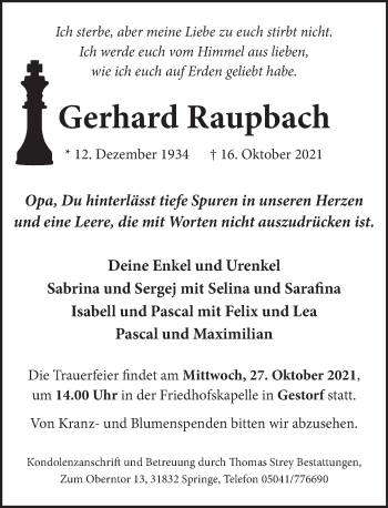 Traueranzeige von Gerhard Raupbach von Neue Deister-Zeitung