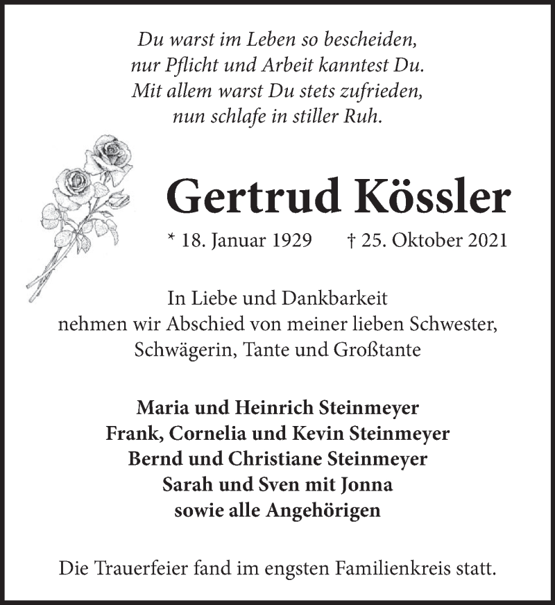  Traueranzeige für Gertrud Kössler vom 30.10.2021 aus Neue Deister-Zeitung