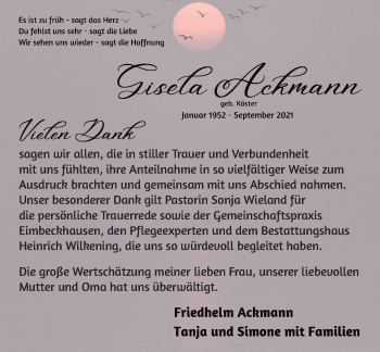 Traueranzeige von Gisela Ackmann von Neue Deister-Zeitung