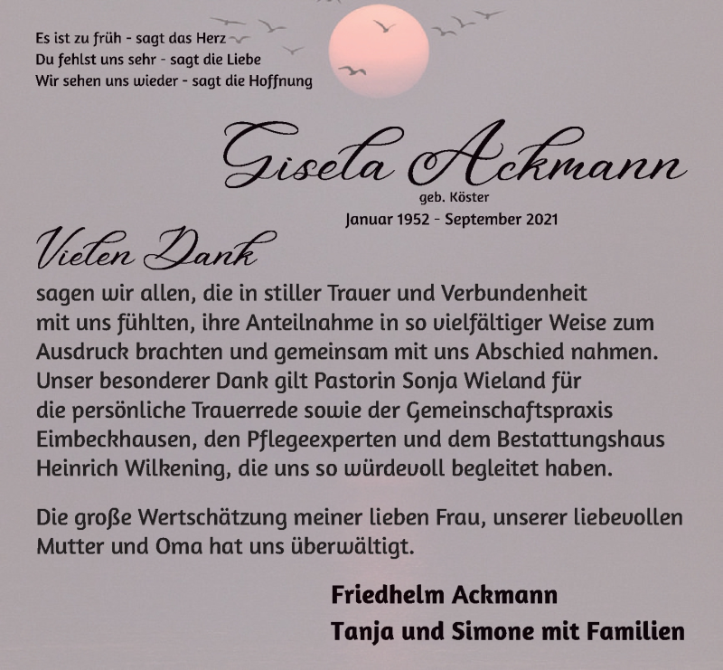  Traueranzeige für Gisela Ackmann vom 16.10.2021 aus Neue Deister-Zeitung
