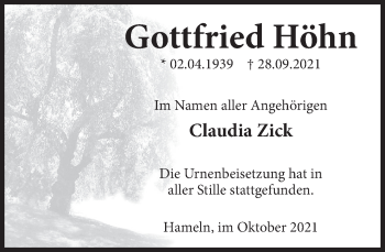 Traueranzeige von Gottfried Höhn von Deister- und Weserzeitung