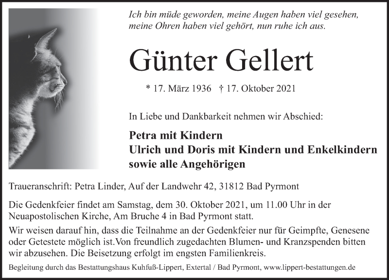  Traueranzeige für Günter Gellert vom 23.10.2021 aus Deister- und Weserzeitung