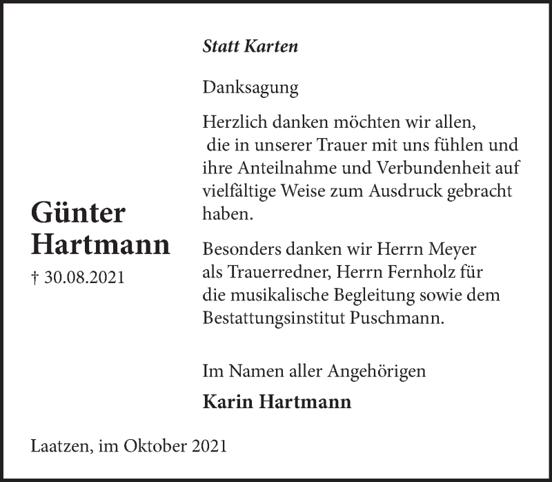  Traueranzeige für Günter Hartmann vom 09.10.2021 aus Neue Deister-Zeitung