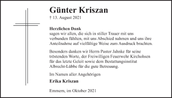 Traueranzeige von Günter Kriszan von Deister- und Weserzeitung