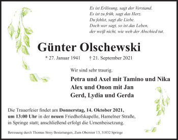 Traueranzeige von Günter Olschewski von Neue Deister-Zeitung