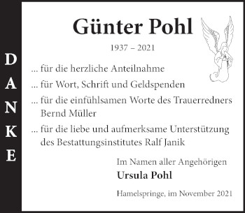 Traueranzeige von Günter Pohl von Neue Deister-Zeitung