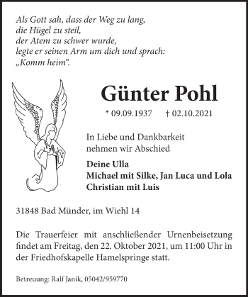 Traueranzeige von Günter Pohl von Neue Deister-Zeitung