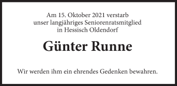 Traueranzeige von Günter Runne von Deister- und Weserzeitung