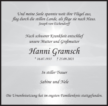 Traueranzeige von Hanni Gramsch von Deister- und Weserzeitung