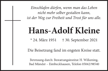 Traueranzeige von Hans-Adolf Kleine von Neue Deister-Zeitung