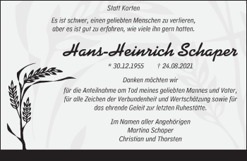 Traueranzeige von Hans-Heinrich Schaper von Neue Deister-Zeitung