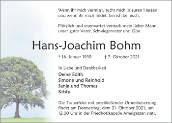 Traueranzeige von Hans-Joachim Bohm von Deister- und Weserzeitung