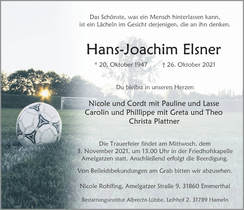  Traueranzeige für Hans-Joachim Elsner vom 30.10.2021 aus Deister- und Weserzeitung
