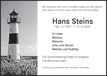 Traueranzeige von Hans Steins von Deister- und Weserzeitung