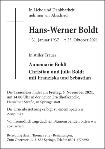 Traueranzeige von Hans-Werner Boldt von Neue Deister-Zeitung
