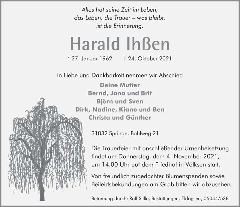  Traueranzeige für Harald Ihßen vom 30.10.2021 aus Neue Deister-Zeitung