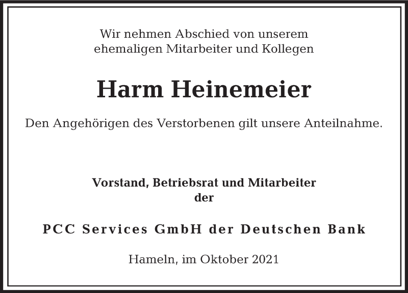  Traueranzeige für Harm Heinemeier vom 16.10.2021 aus Deister- und Weserzeitung