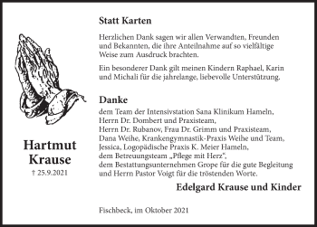 Traueranzeige von Hartmut Krause von Deister- und Weserzeitung