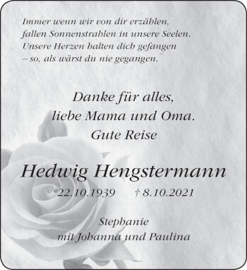 Traueranzeige von Hedwig Hengstermann von Deister- und Weserzeitung