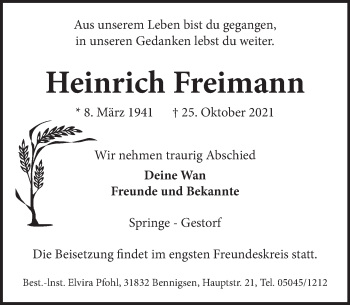 Traueranzeige von Heinrich Freimann von Neue Deister-Zeitung
