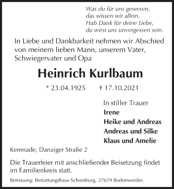 Traueranzeige von Heinrich Kurlbaum von Deister- und Weserzeitung
