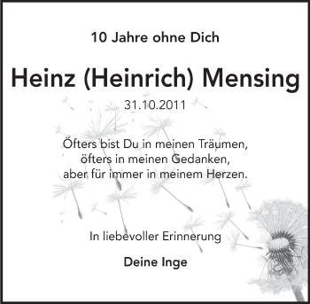 Traueranzeige von Heinz Mensing von Deister- und Weserzeitung