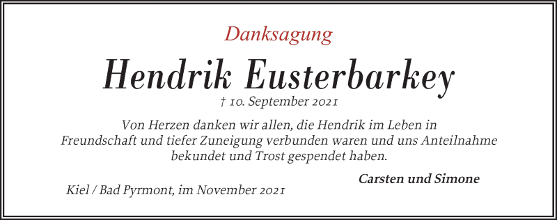  Traueranzeige für Hendrik Eusterbarkey vom 06.11.2021 aus Deister- und Weserzeitung
