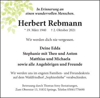 Traueranzeige von Herbert Rebmann von Neue Deister-Zeitung