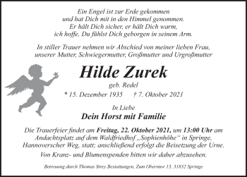 Traueranzeige von Hilde Zurek von Neue Deister-Zeitung