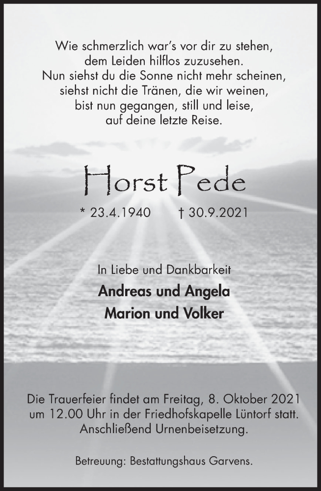  Traueranzeige für Horst Pede vom 05.10.2021 aus Deister- und Weserzeitung
