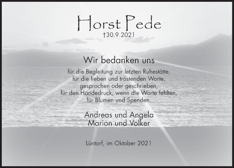  Traueranzeige für Horst Pede vom 30.10.2021 aus Deister- und Weserzeitung