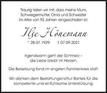 Traueranzeige von Ilse Hönemann von Deister- und Weserzeitung