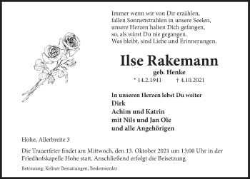 Traueranzeige von Ilse Rakemann von Deister- und Weserzeitung