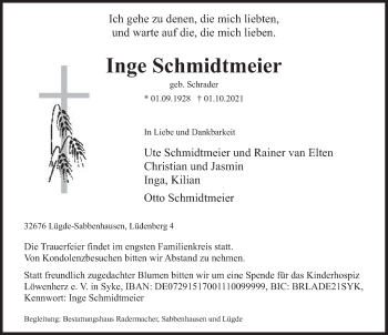 Traueranzeige von Inge Schmidtmeier von Deister- und Weserzeitung